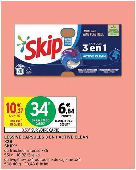 Promo Lessive Capsules 3 En 1 Active Clean X26 Skip chez Intermarché