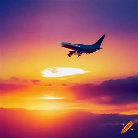 Airplane Flying In Sunset