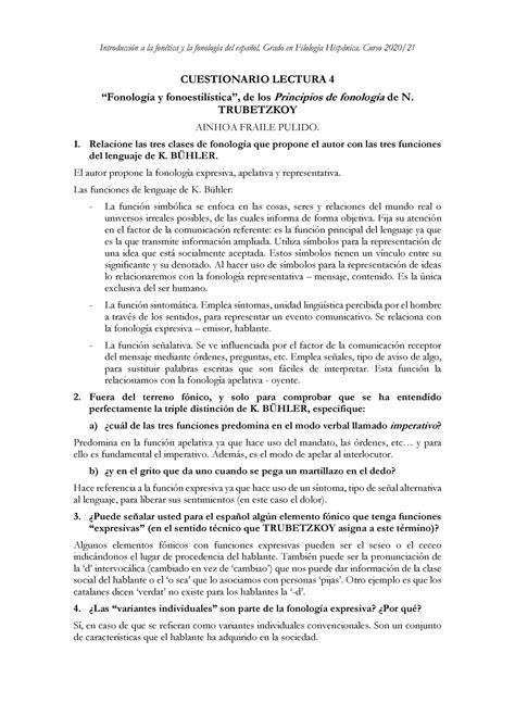 Cuestionario Lectura 4 Trubetzkoy Introducción A La Fonética Y La Fonología Del Español Grado