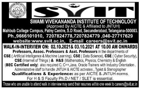 Swami Vivekananda Institute Of Technology Telangana Wanted Assistant Professor Associate