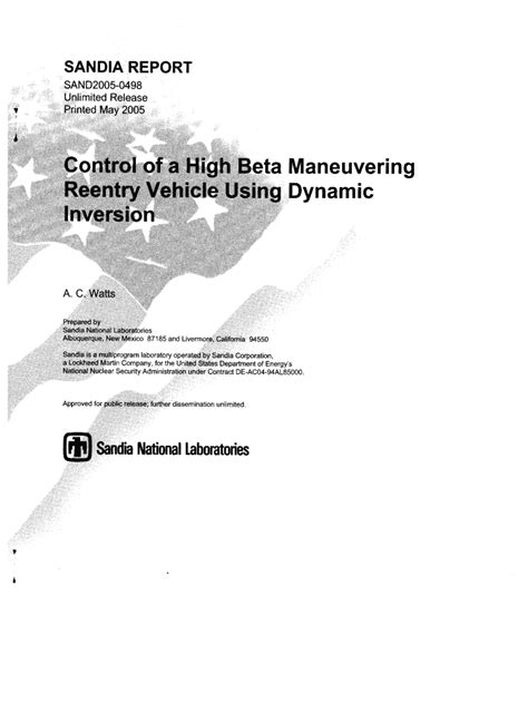Fillable Online Prod Sandia Control Of A High Beta Maneuvering Reentry