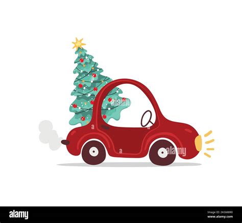 Red Vintage Car With Christmas Tree Christmas Design Element Flat