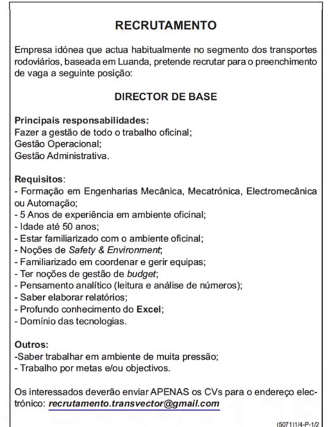 VAGA PARA DIRECTOR DE BASE Empregos Yoyota