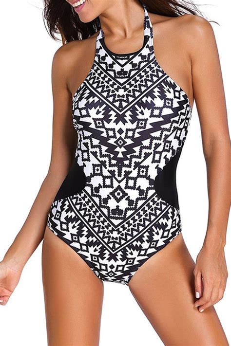 Iyasson Tribal Printing High Neck Halter One Piece Swimsuit Halter