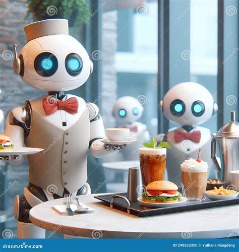 Cute Robot Waiter, in Restaurant , 8k , Realistic. Stock Photo - Image ...