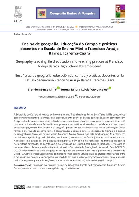 Pdf Ensino De Geografia Educa O Do Campo E Pr Ticas Docentes Na