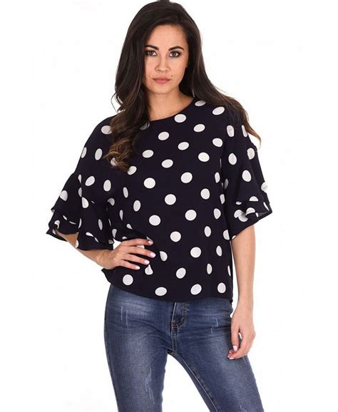 Ax Paris Womens Polka Dot Frill Sleeve Top Macys