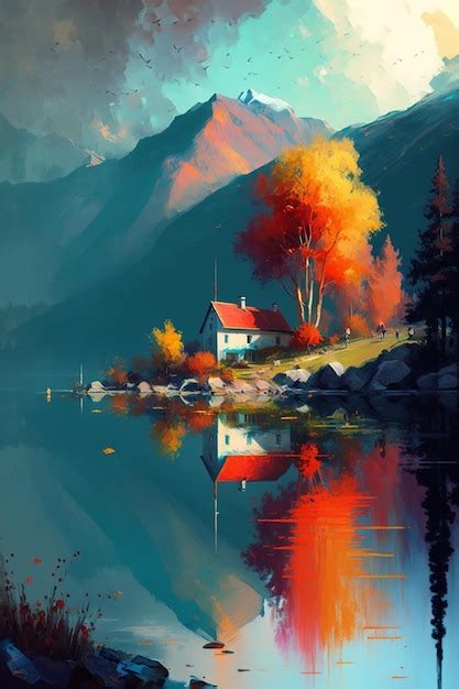 Premium AI Image | A painting of a house by the lake