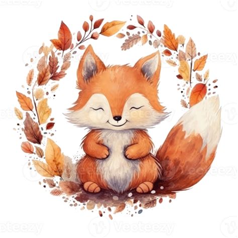 Cute Watercolor Baby Autumn Fox Isolated Illustration Png