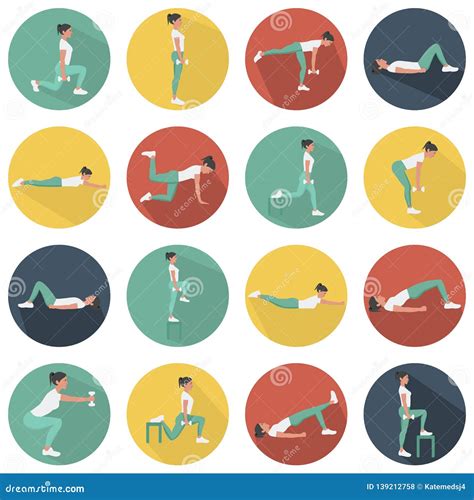 Modern Flat Icons Vector Set With Long Shadow Effect In Stylish Colors Of Glute Exercises And