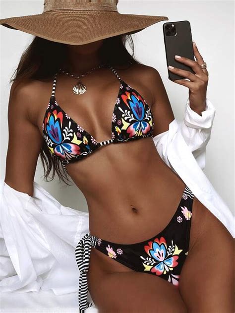 SHEIN Swim BohoFeel Plant Print Bikini Set Halter Triangle Bra Tie