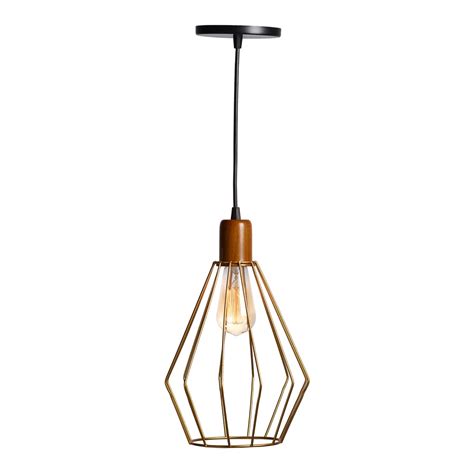 Pendente Aramado Madeira Poptem Cone Dourado Lumin Ria Lustre Sala