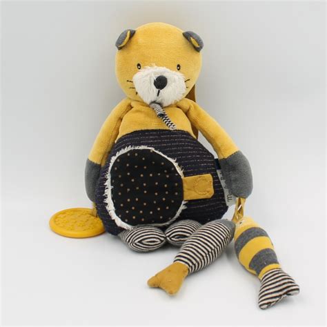 Doudou Chat Bleu Jaune Les Moustaches Poissons Hochet Moulin Roty