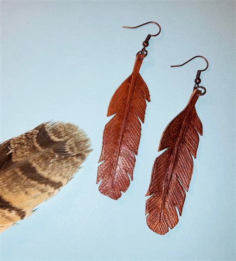 Hand Cut Hand Tooled Leather Feather Earrings Etsy