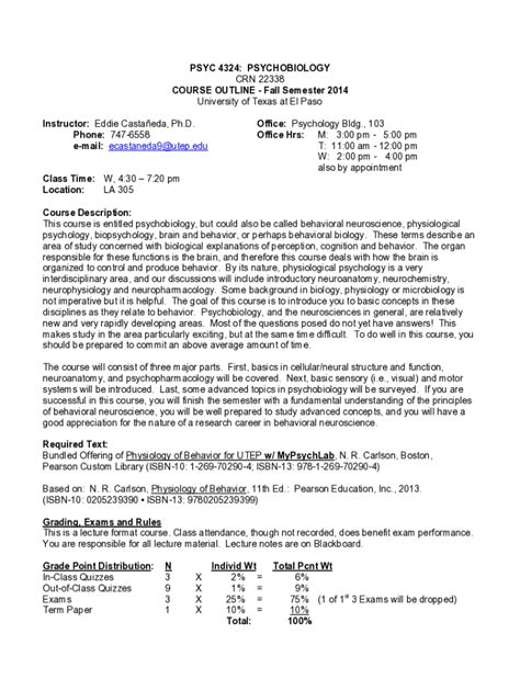 Fillable Online PSYC 4324 PSYCHOBIOLOGY CRN 22338 COURSE Fax Email