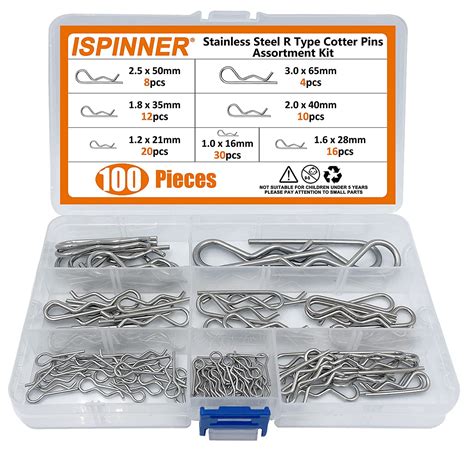 ISPINNER 100Pcs 304 Stainless Steel Cotter Pins Assortment Kit 7 Sizes