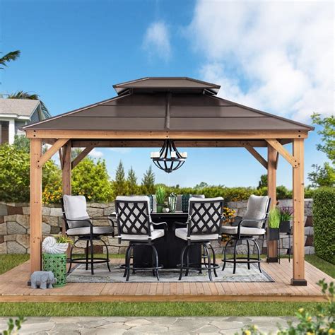 Buy Sunjoy Outdoor Patio 11x13 Brown 2 Tier Wooden Frame Backyard Hardtop Gazebo — Garage Department