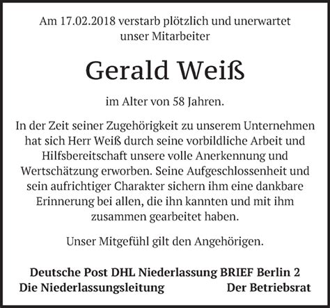 Traueranzeigen Von Gerald Wei M Rkische Onlinezeitung Trauerportal