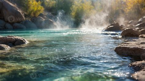 Tranquil Hot Spring Surrounded By Misty Rocks And Vibrant Foliage In A