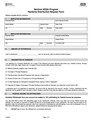 Fillable Online Sentinel 403 B Program Hardship Distribution Request