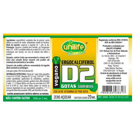 Vitamina D2 Ergocalciferol 20ml Em Gotas Unilife