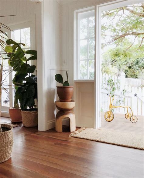 A Living Room With Wooden Floors And Large Plants On The Windows Sill