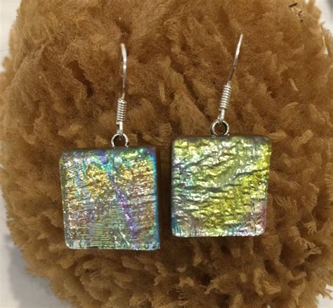 Yellow Dichroic Glass Earring Rainbow Yellow Dichroic Earring Pink