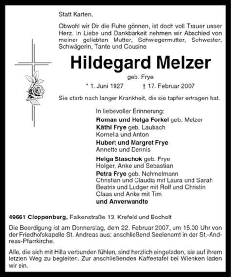 Traueranzeigen Von Hildegard Melzer Trauer In NRW De