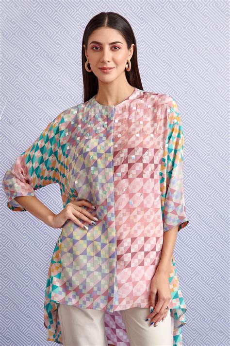 Buy Multi Color Crepe Hand Embellishment Geometric Round Karen Tunic