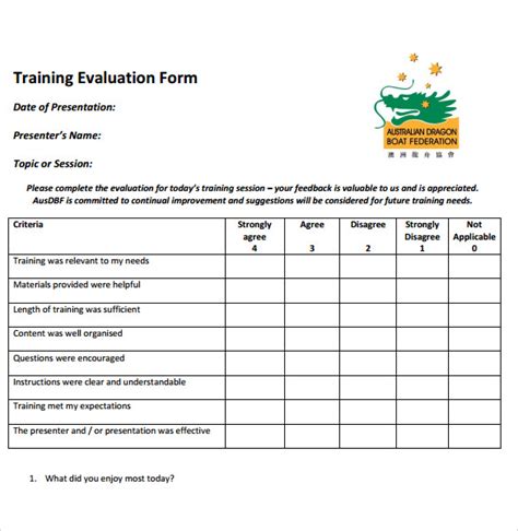 8 Training Evaluation Forms Samples Examples And Format Sample Templates