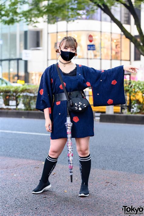 Japanese Michiyuki Kimono Jacket Street Style w/ Tattoo Choker, Floral ...