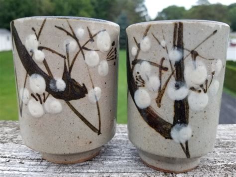 Vintage Pottery Glasses Pottery Cups With Pussy Willow Decorations Artisan Pottery Cups