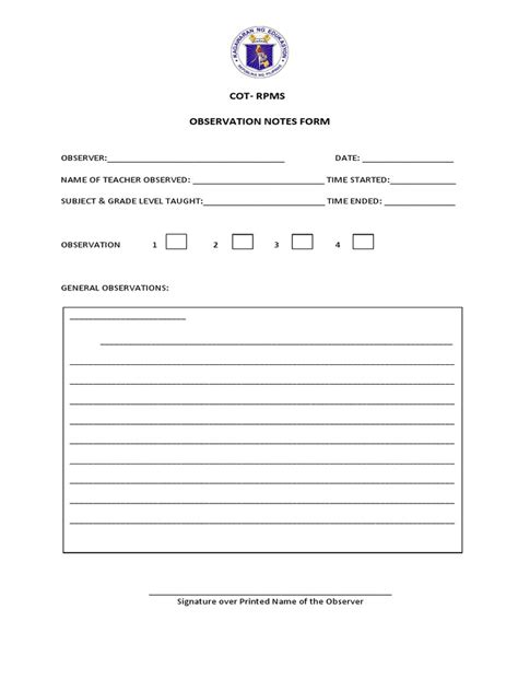 Cot Rpms Observation Notes Form Pdf Curriculum Learning