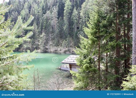 Cabin On The Coast Of A Lake Surrounded By Beautiful Green Trees Stock