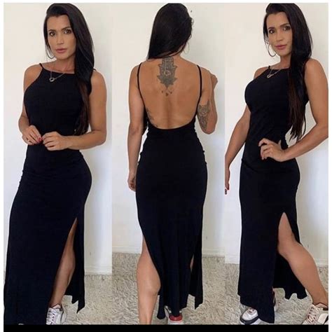 Vestido Longo Decote Nas Costas Malha Canelada Lado Fenda Shopee Brasil