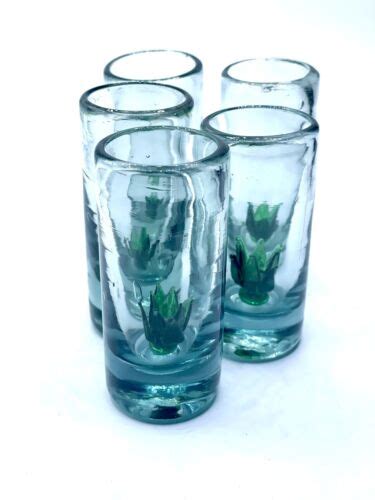 Hand Blown Mexican Tequila Shot Glass Agave Cactus Inside 3 5 Set Of 5 Ebay