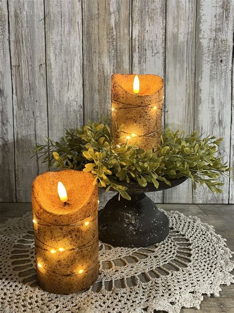 Burnt Ivory Led Wrapped Flicker Flame Timer Pillar Set The Crafty