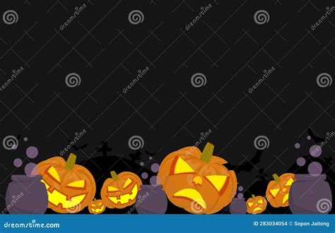 Halloween Background Decorated With Ghost Pumpkins Witch Cauldrons