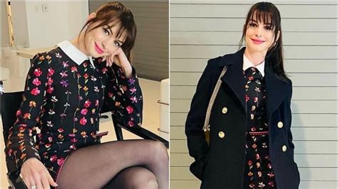 Andy Sachs, is that you? Anne Hathaway's mini dress and bangs remind ...