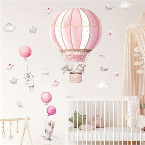 Pcs Creative Wall Sticker Cartoon Cute Rabbit Pink Hot Air Balloon
