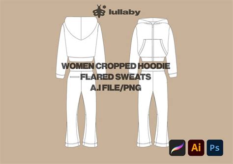 Women Cropped Hoodie Template Tracksuit Mockup Flared Sweats Vector