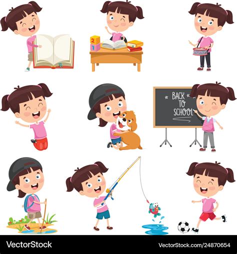 Girl doing various activities Royalty Free Vector Image