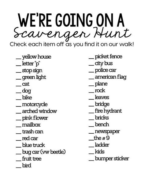 Blank Scavenger Hunt List For Adults