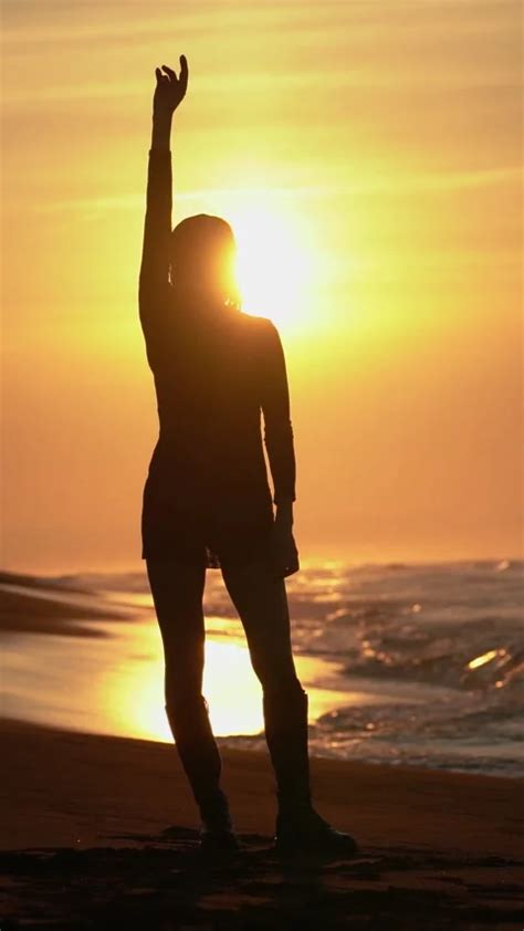 Silhouette Woman Arms Raised On Sandy Be Stock Video Pond