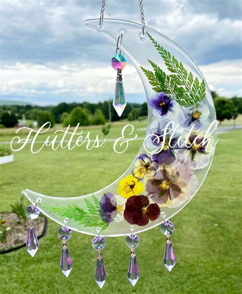 Custom Crescent Moon Crystal Suncatcher Colorful Floral Flower Sun