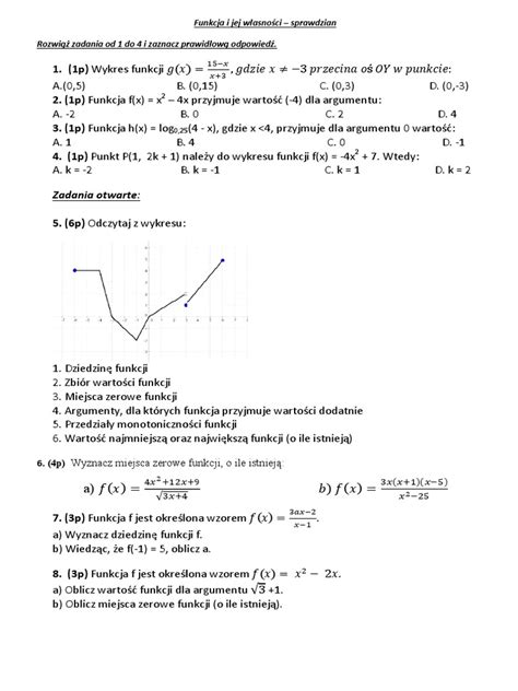 Funkcja I Jej Własności Sprawdzian Pdf
