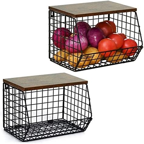 Wetheny 2pcs Fruit Basket Onion Storage Wire Basket With Wood Top Wall