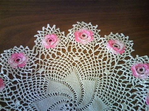 Pink Rose Doily Crochet Antique Beige With 13 Pink Roses Etsy