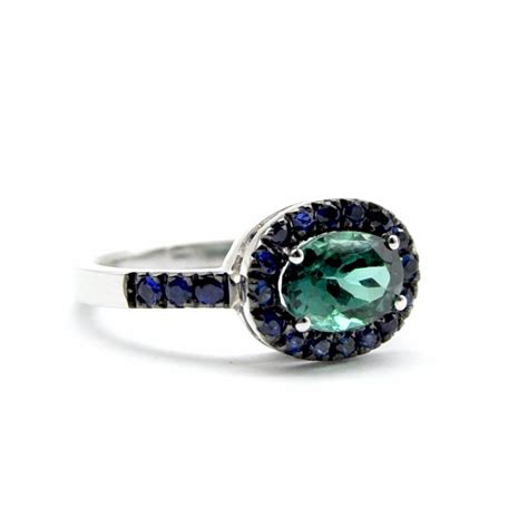 Anello Oro Bianco Tormalina Verde E Zaffiri Blu Virano Gioielli