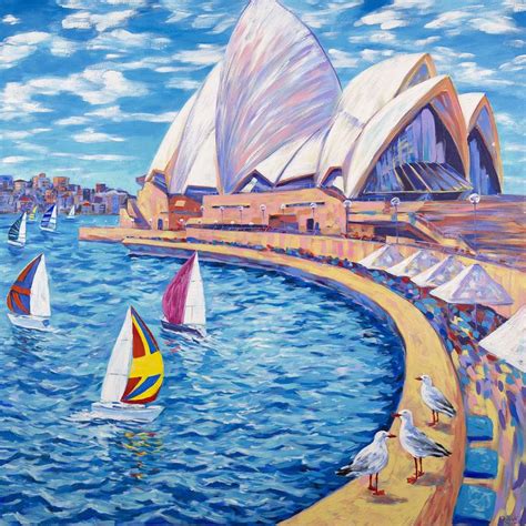 A Painting Of Sailboats In Front Of The Sydney Opera House With Gulls